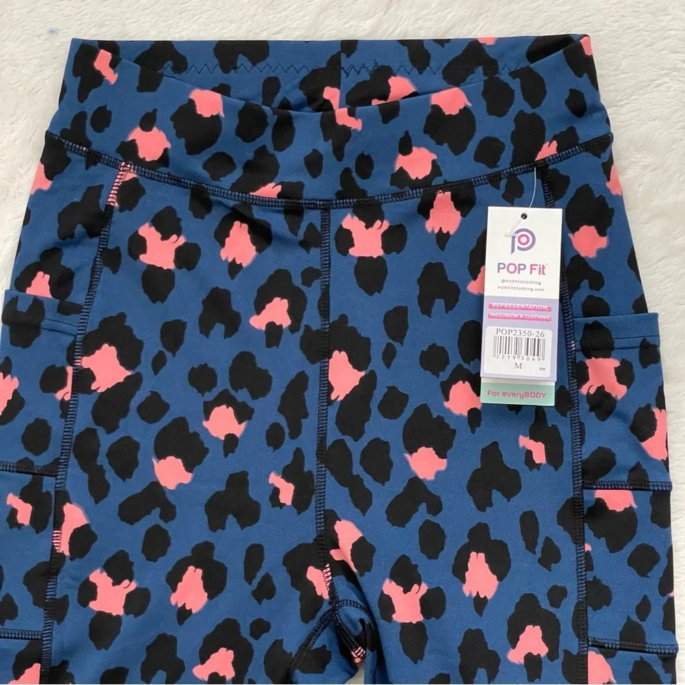 POP Fit Leggings Navy Blue Leopard Print Pockets Workout Gym Yoga Medium - Picture 5 of 9
